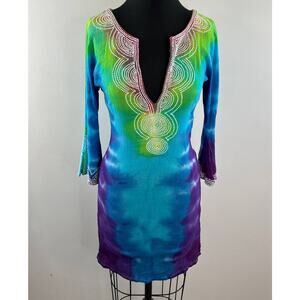 NWT Odabash Spiral Tie-Dye Wearable Art V-Neck Long Sleeve Beaded Dress M NEW